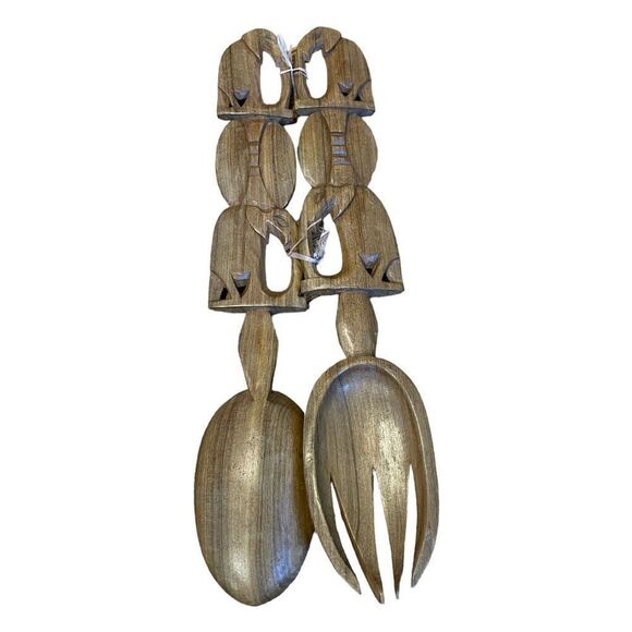Vintage MCM Hand Carved Wood Serving Set Spoon Fork Brown Elephant - Picture 1 of 4
